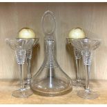 Four Waterford Gemini lead crystal ball candle holders. H. 20cm, together with an unmarked similar