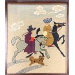 A rare framed Mongolian applique and embroidery of horse riding, frame size 58 x 79cm.