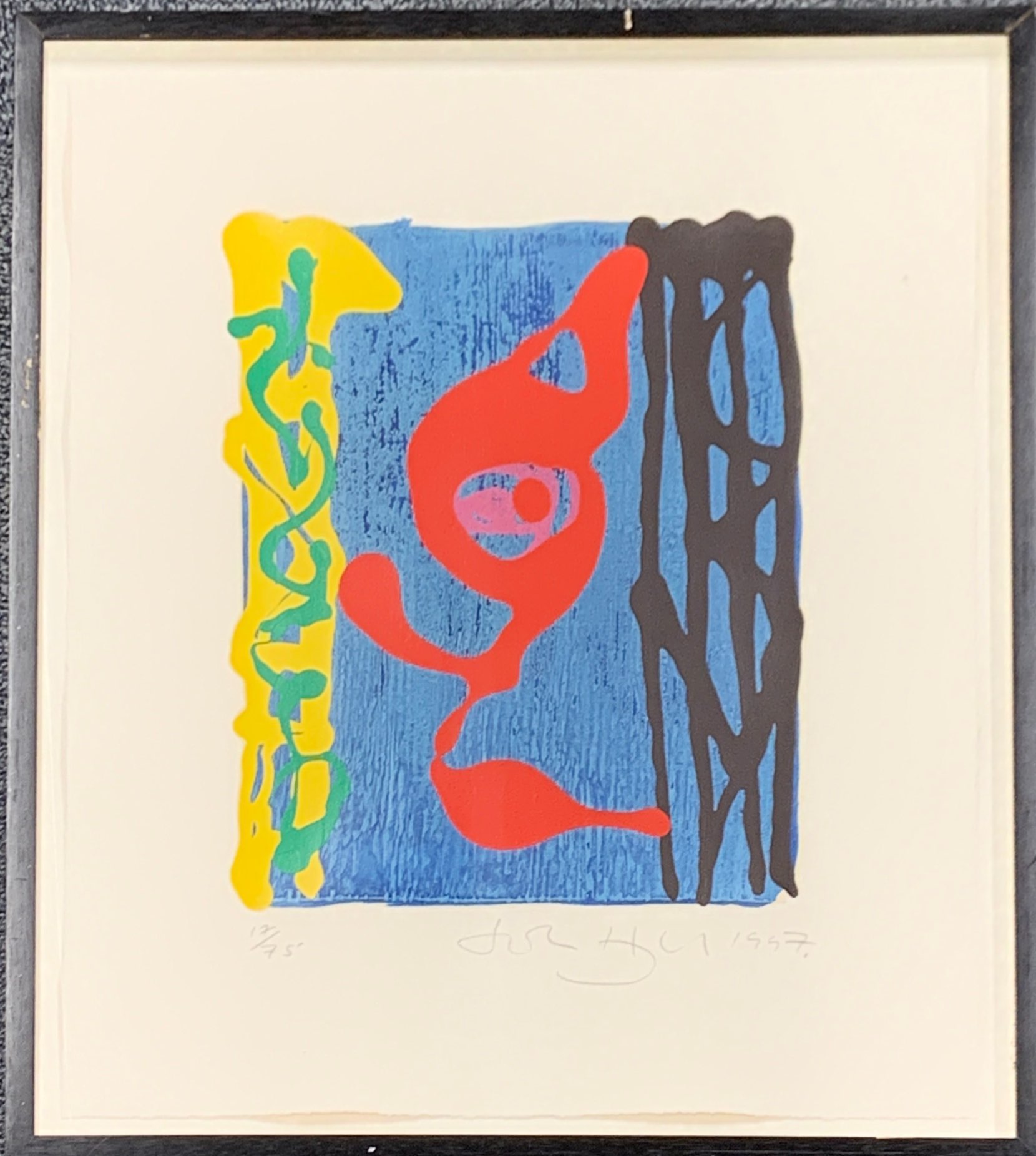 A framed silk screen with wood block entitled "Spirit Side" 17/75 by John Hoyland 1997, frame size