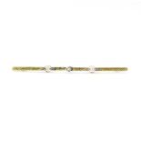 An Art Deco 14ct yellow gold (stamped 585) bar brooch set with pearls and diamonds, L. 9.5cm.