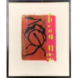 A framed silkscreen with wood block entitled "friendly ghost" 17/75 by John Hoyland 1997, frame size