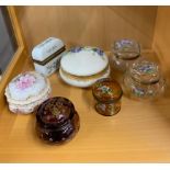 A group of six 19th century hand painted glass dressing table boxes and one porcelain, largest