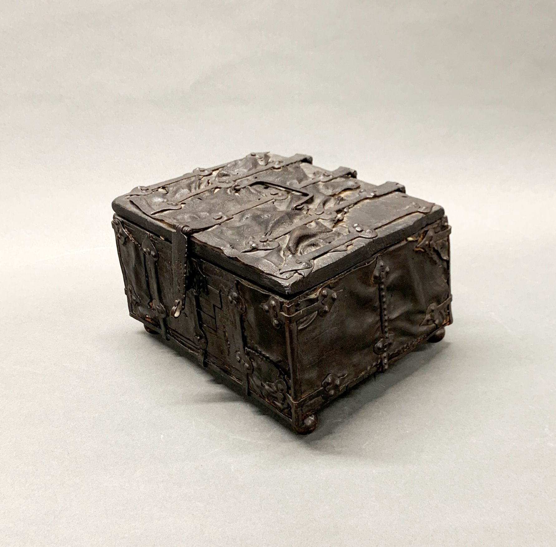 A rare Jacobean iron bound and leather covered wooden chest, 27 x 21 x 16cm. - Image 3 of 3