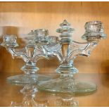 A pair of vintage Continental acid etched glass candelabra, W. 18cm, H. 14cm.