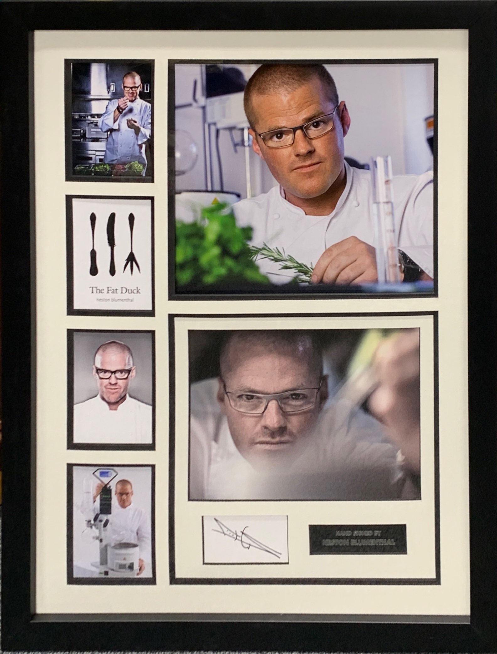 Autograph interest: A large framed hand signed group of photographs of Heston Blumenthal, frame size