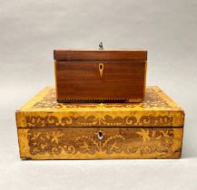 A 19th century inlaid mahogany tea caddy, 21 x 13 x 13cm, together with a 19th century intaid
