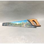 A hand painted antique saw, L. 64cm.