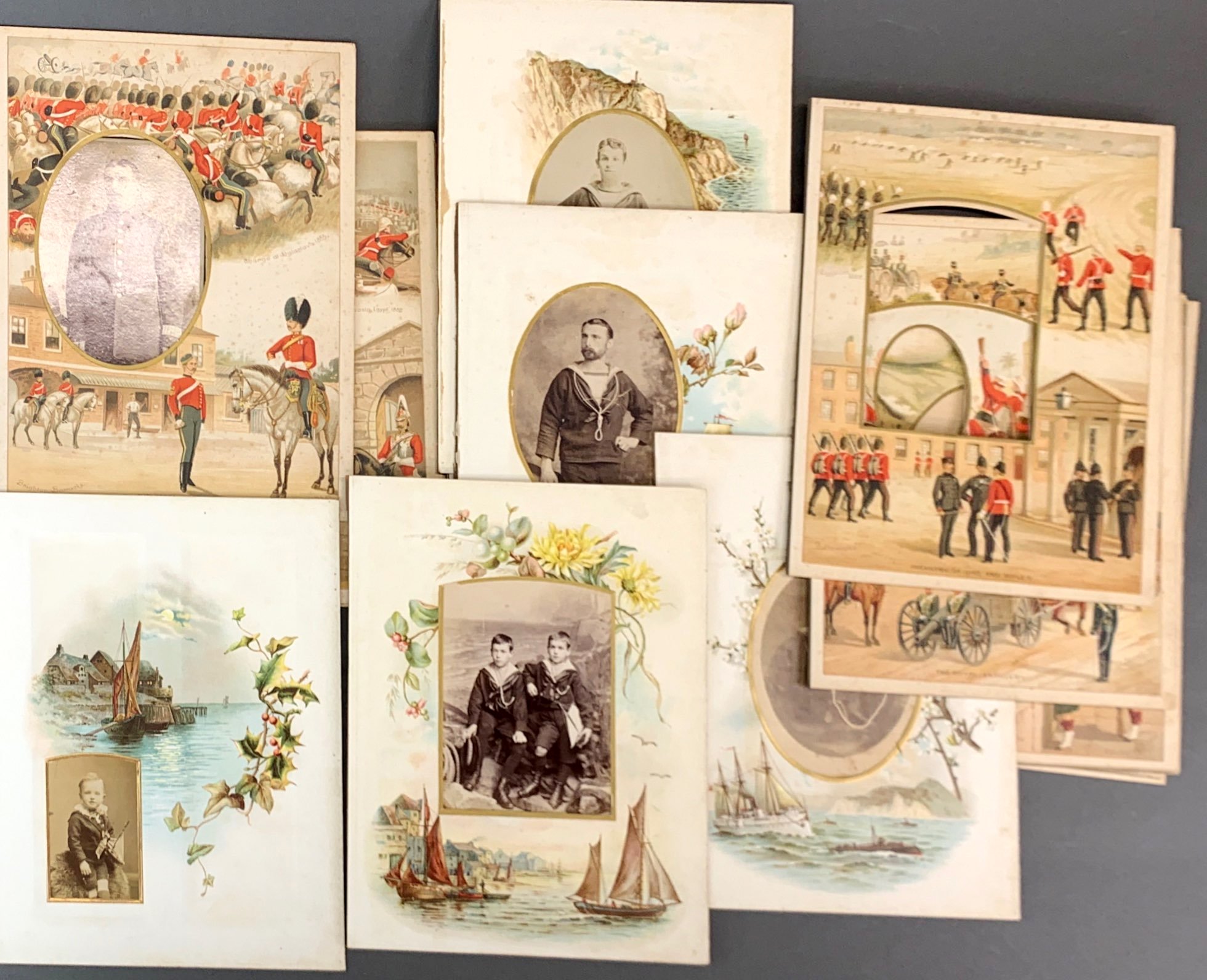 A collection of unusual illustrated photograph mount pages, 21 x 29cm.