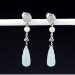 A pair of 9ct white gold (Stamped 10k) drop earrings set with aquamarines, diamonds and pearls, L.