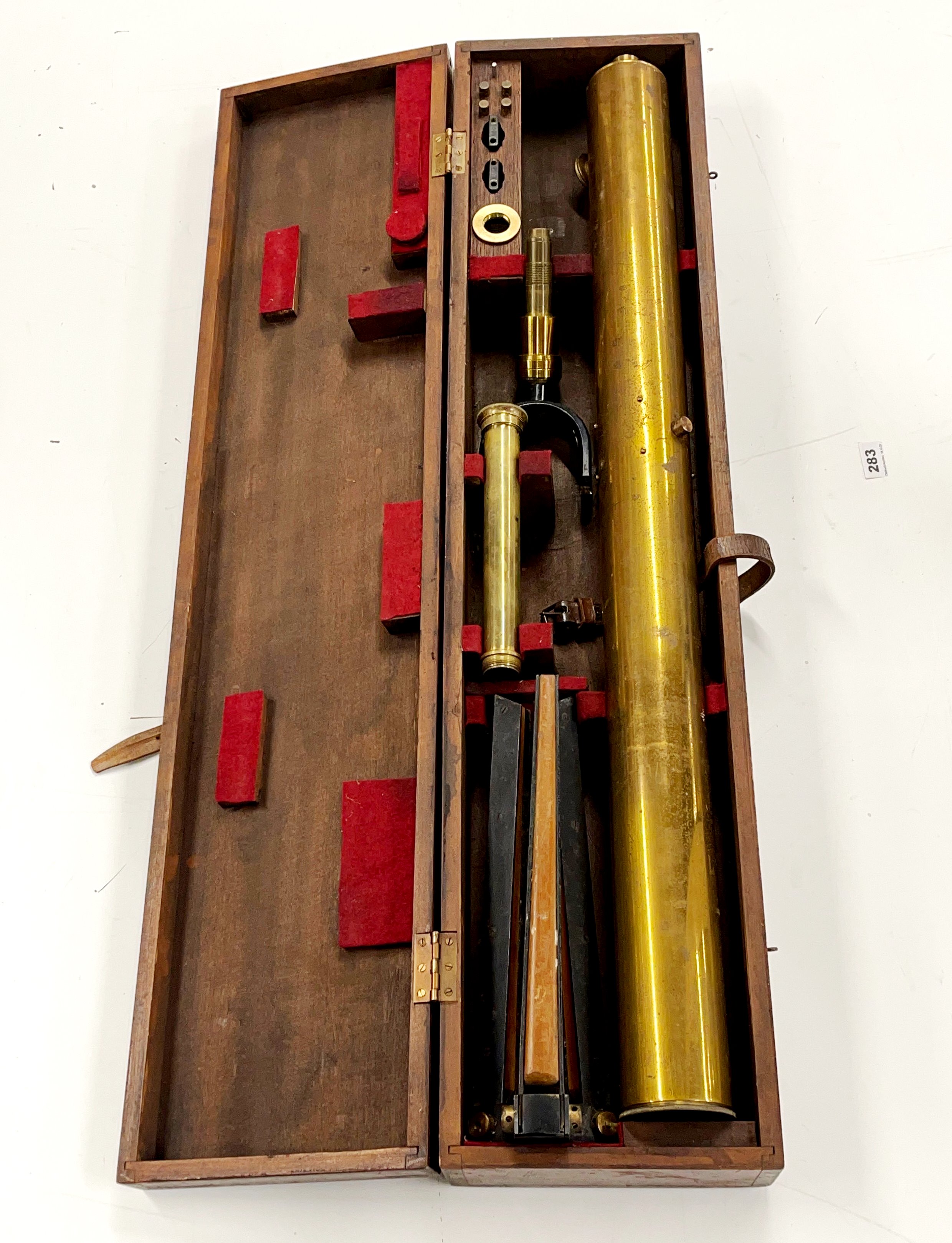 A cased brass telescope with table top tripod, case L. 106cm. - Image 2 of 3