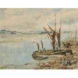 δ JAMES MCBEY (BRITISH, 1883-1959) : Thames barges at Mistley, Essex / LESLIE ARTHUR WILCOX