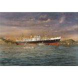 δ ROBERT G. LLOYD (BRITISH, B. 1969) - THE ROYAL MAIL LINE PASSENGER CARGO SHIP 'EBRO' AT ANCHOR