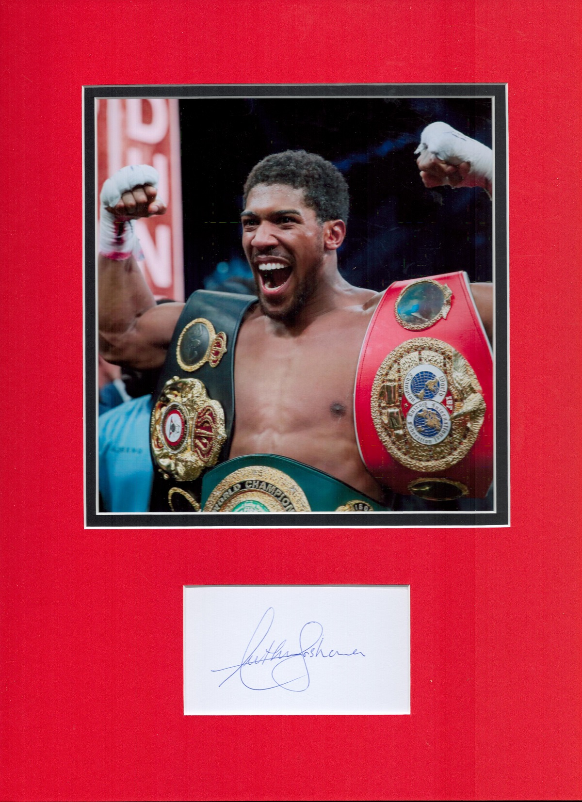 Anthony Joshua Boxer Signed Page Double Mounted Photo Size 12x16. Good condition. All autographs
