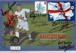 England 1966 multi signed One Pound Coin Cover 9 signatures includes Martin Peters, Alan Ball,