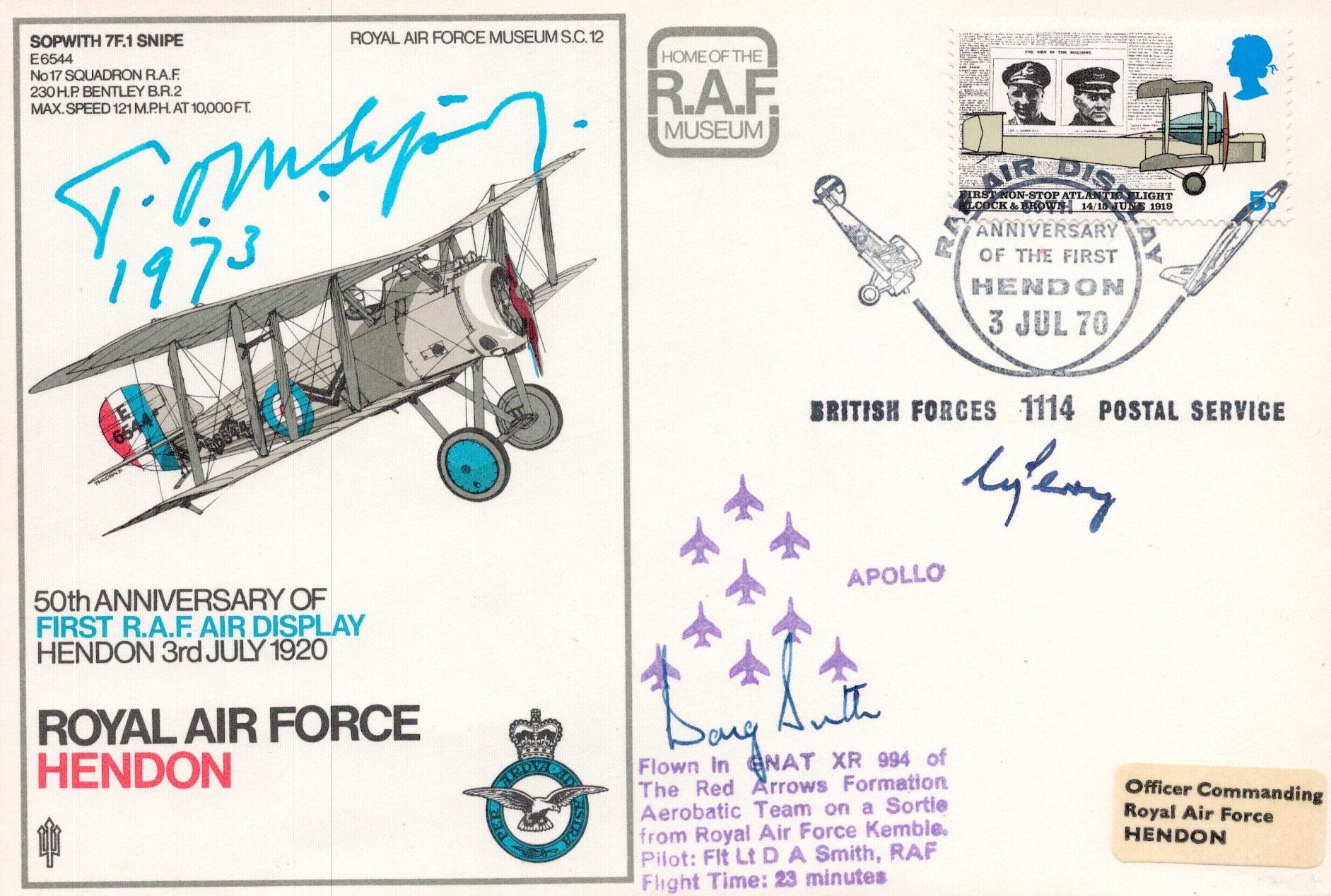 Thomas Sopwith signed Red Arrows flown cover RAF Hendon 50th Anniversary of First RAF Air Display