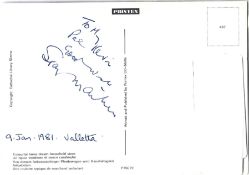 Stanley Mathews signed postcard dated 9th Jan 1981 Valletta dedicated. Sir Stanley Matthews, CBE (