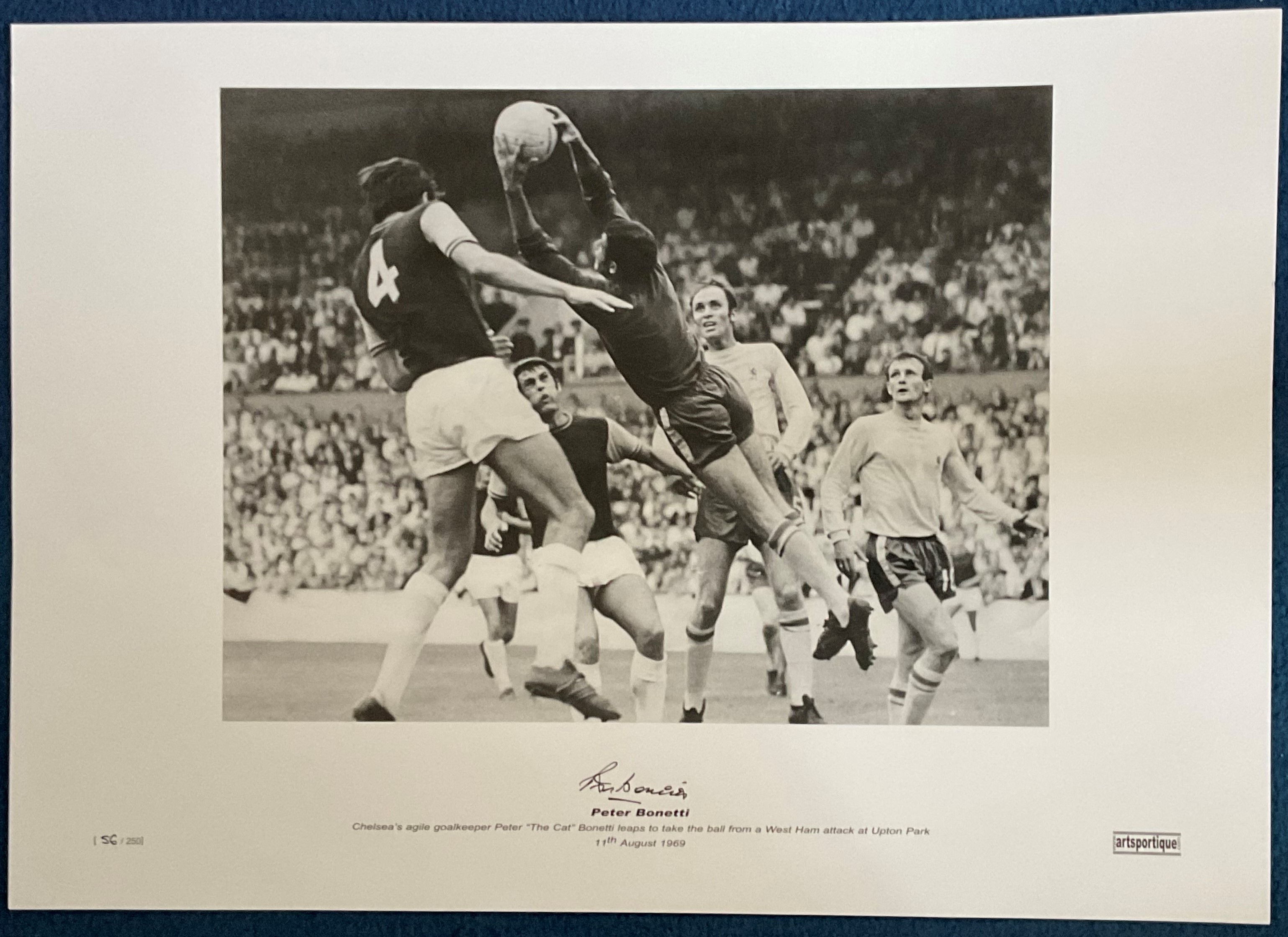 Peter Bonetti signed 24x17 black and white print pictured in action for Chelsea against West Ham