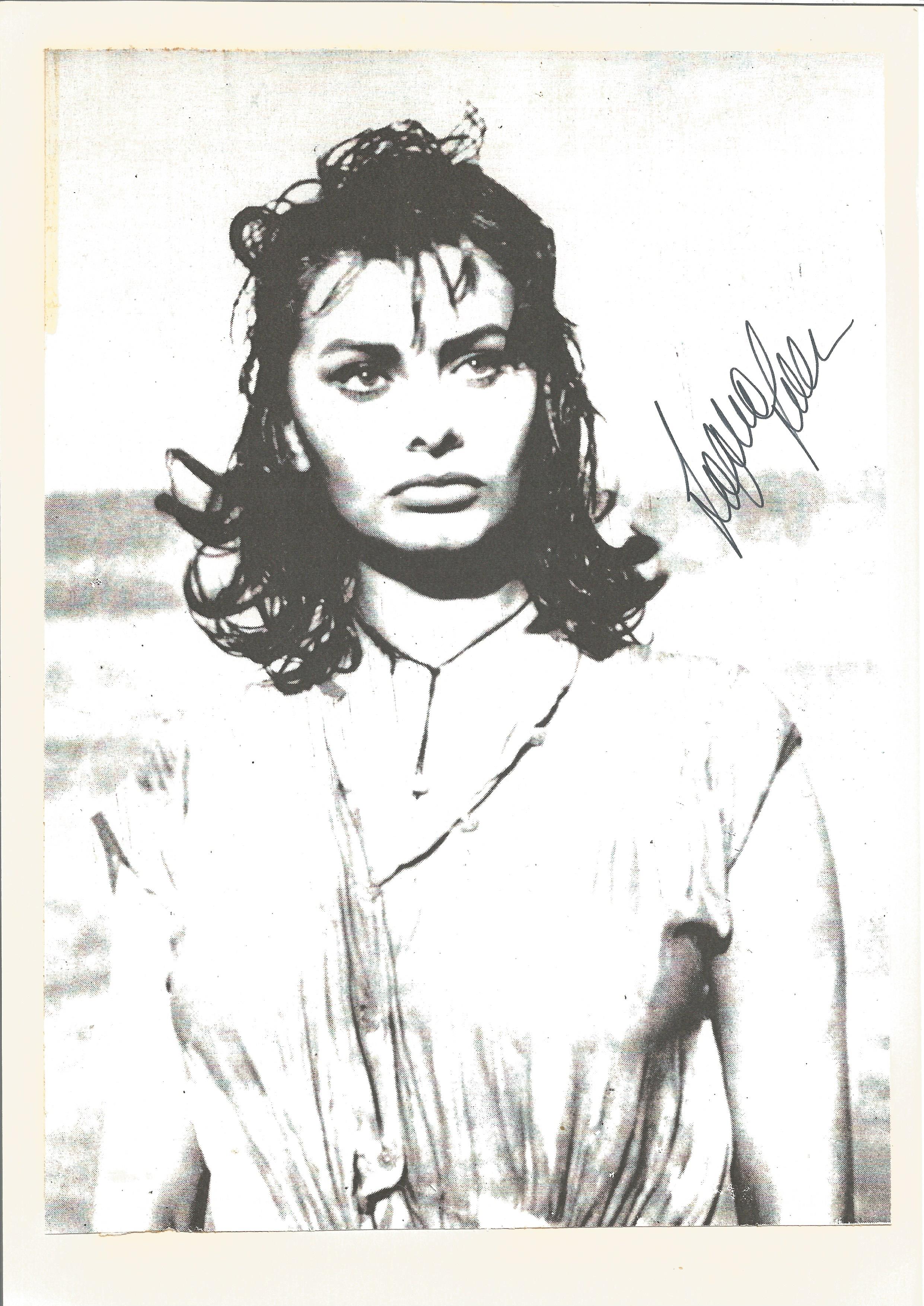 Actress Sophia Loren signed 10x8 black and white image glued onto card. Sofia Costanza Brigida