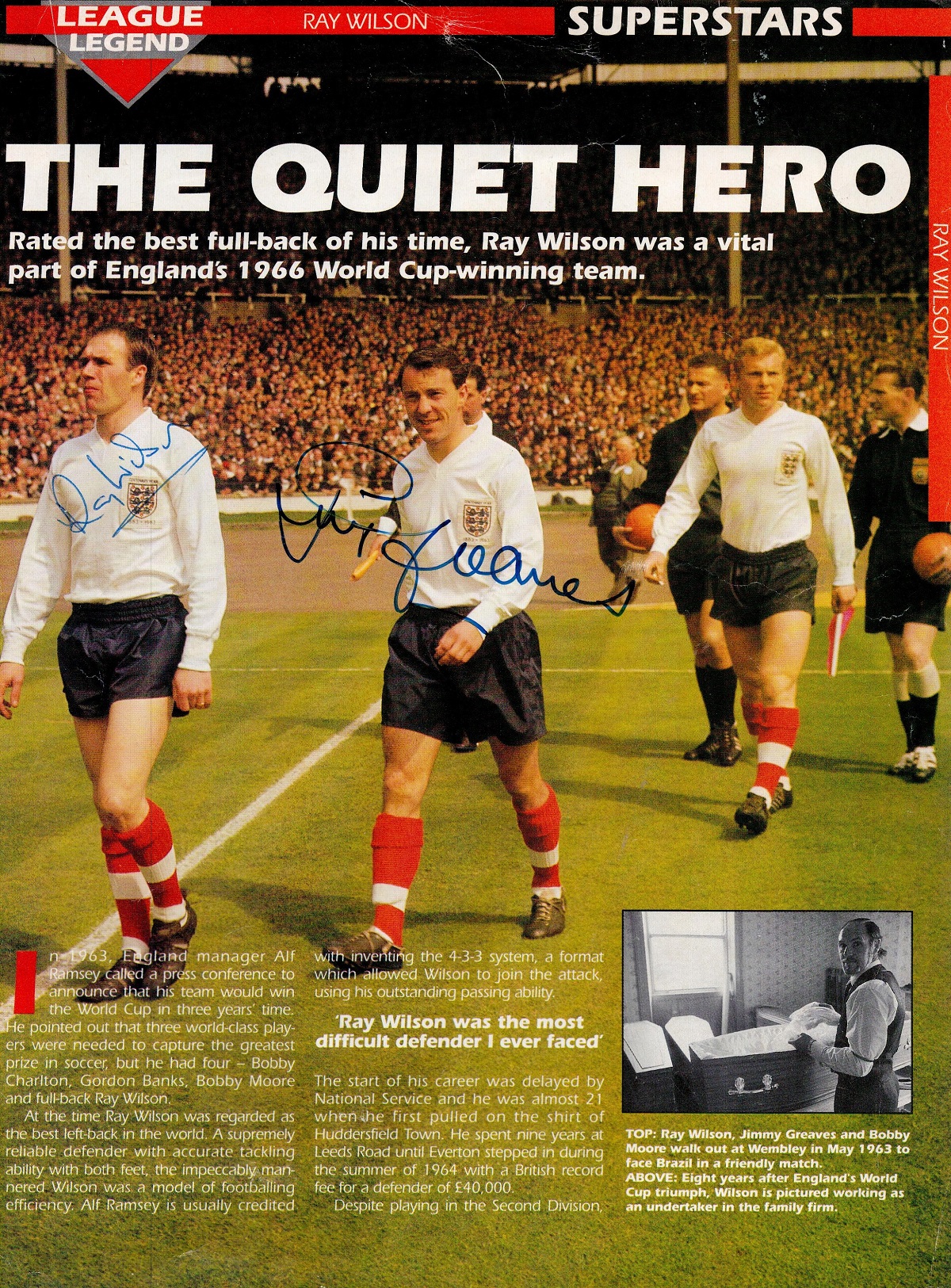 Ray Wilson and Jimmy Greaves signed colour League legend magazine cover photo. Good condition. All