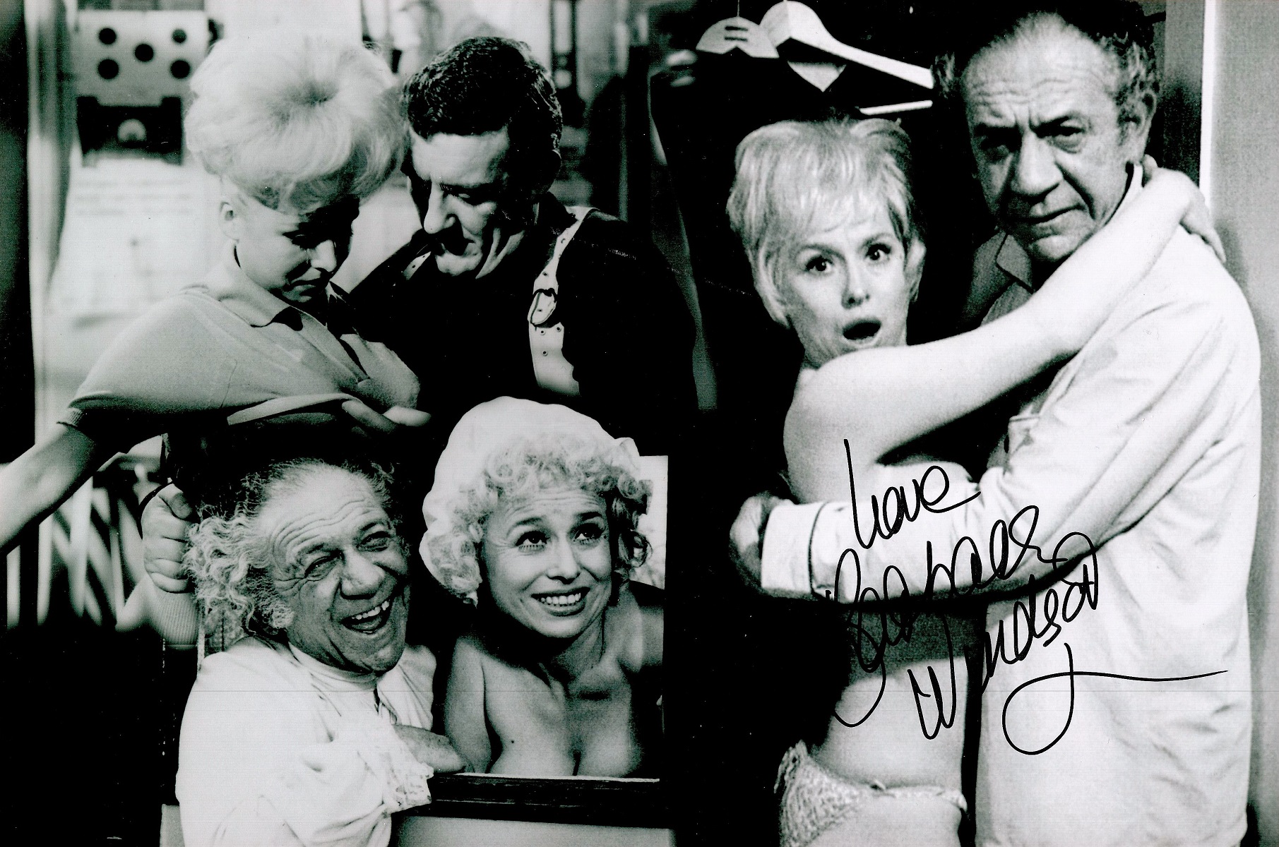 Barbara Windsor signed Carry On 12x8 black and white montage photo. Dame Barbara Windsor DBE (born