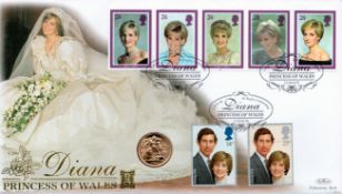 Diana Princess of Wales commerative Benham 22ct Gold coin cover includes Gold sovereign triple PM