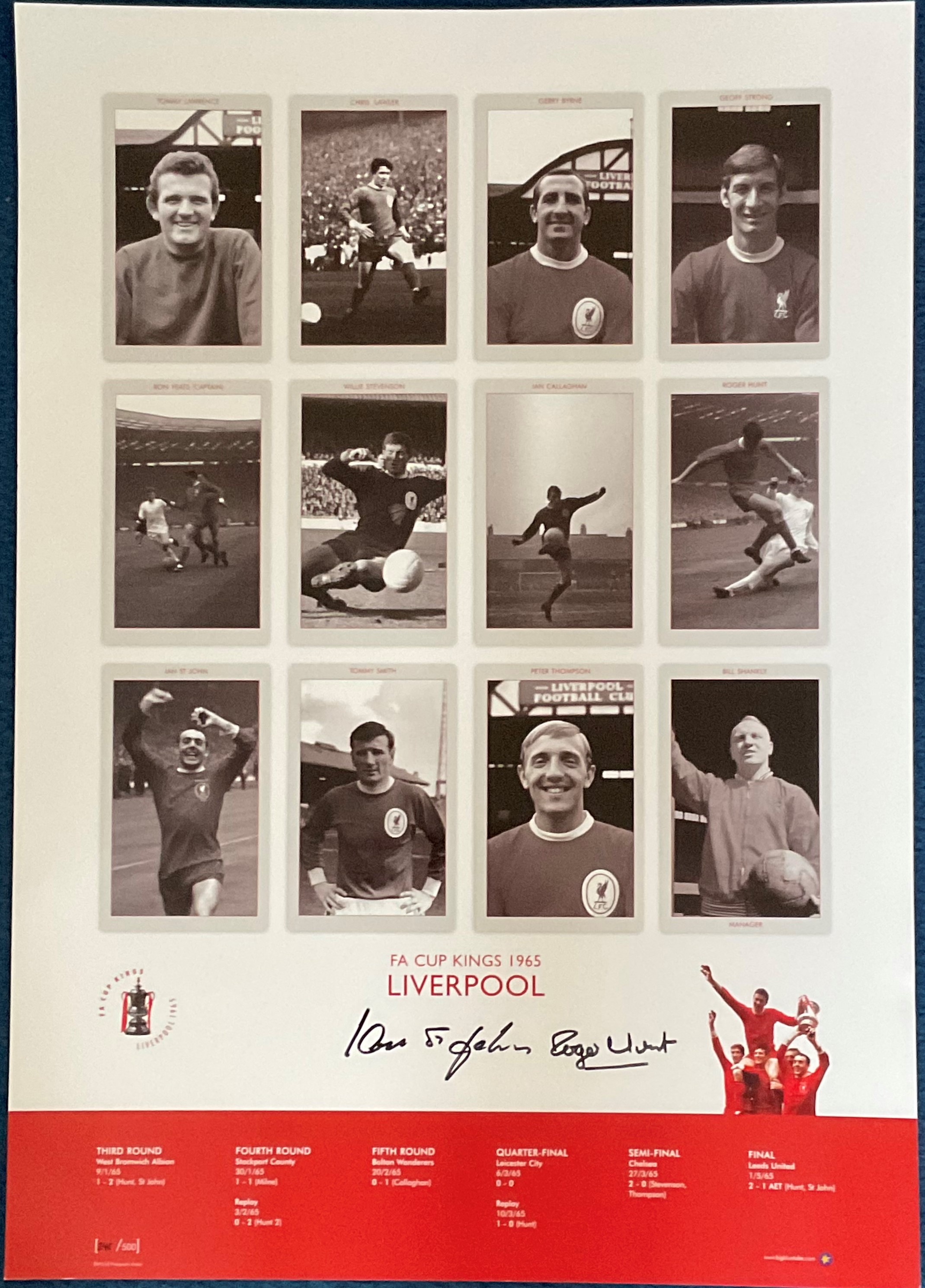 Ian St John and Roger Hunt signed Liverpool FA Cup Kings 1965 big blue tube print. John Ian St