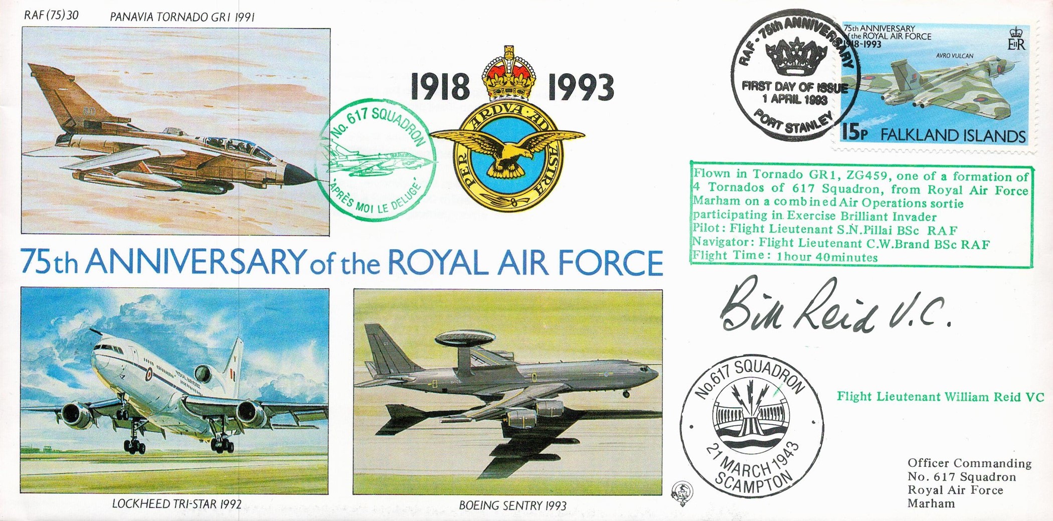 Bill Reid VC Handsigned 75th Anniversary of the Royal Air Force FDC. RAF(75)30. Flown in Tornado