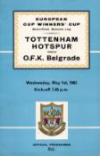 Tottenham Hotspurs Vs OFK Belgrade Vintage football Programme from Wednesday 1st May 1963 at White