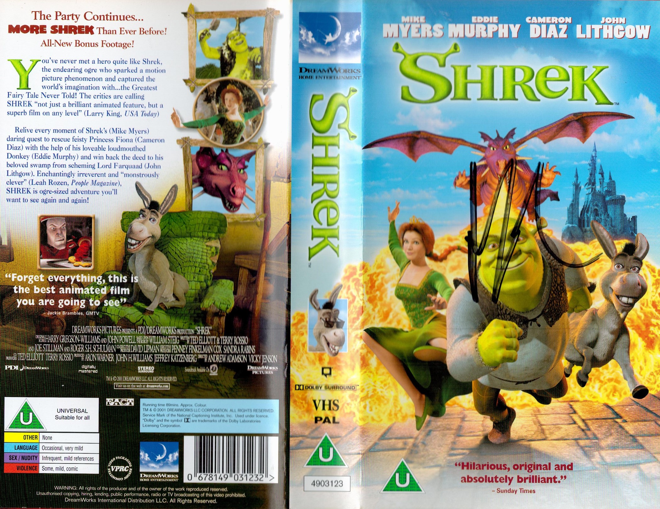 Mike Myers Handsigned Shrek VHS with Case. Handsigned on the Front Cover Sleeve in Black Marker Pen.