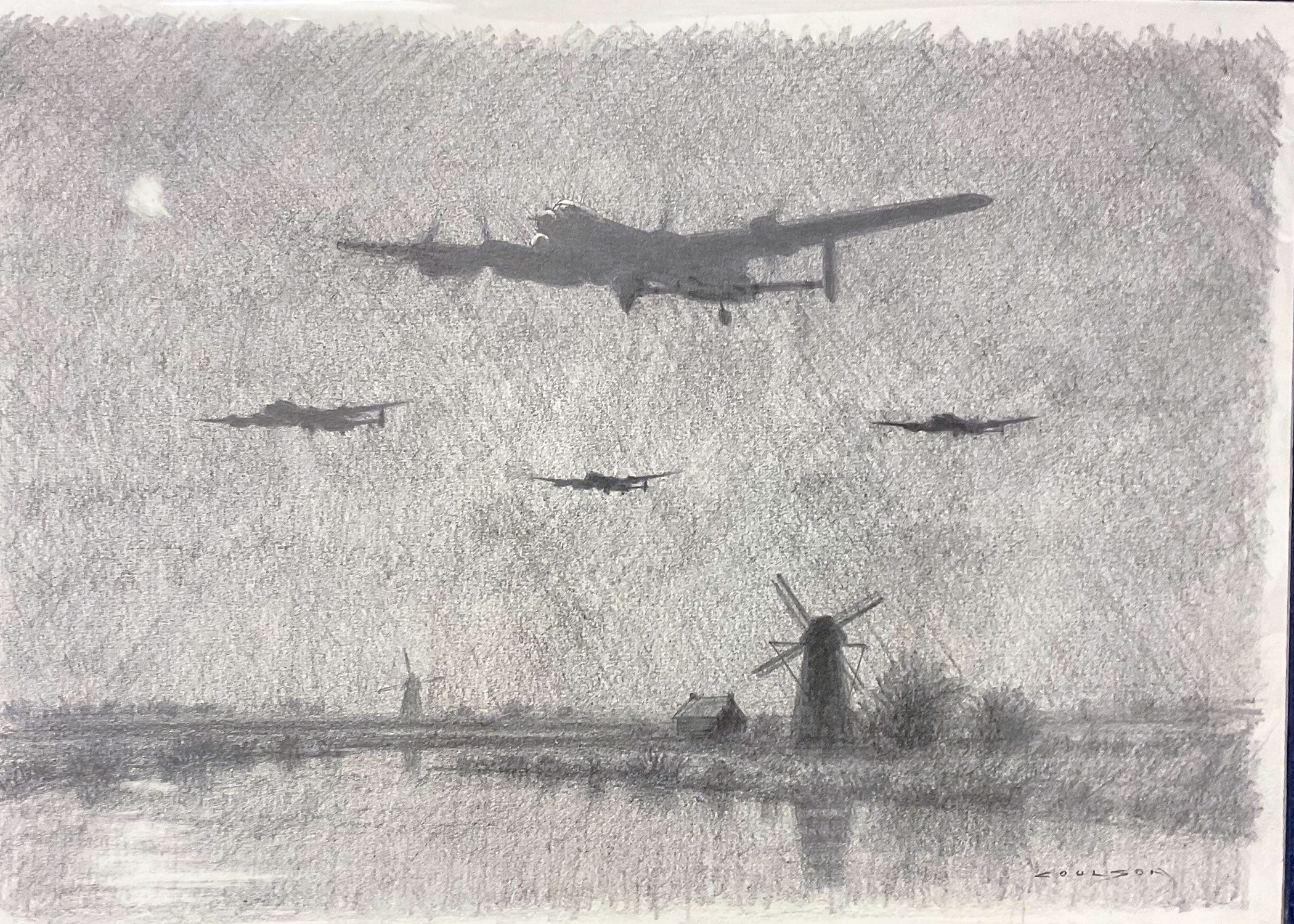Aviation Artist Coulson Original Pencil Drawn drawing of Lancasters Dambusters in Flight over