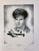 Harri Harrison Multi Signed Wing Commander Guy Gibson Black and White pencil drawn Print measuring