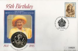 95th Birthday to Her Majesty Queen Elizabeth The Queen Mother Commemorative coin cover showing