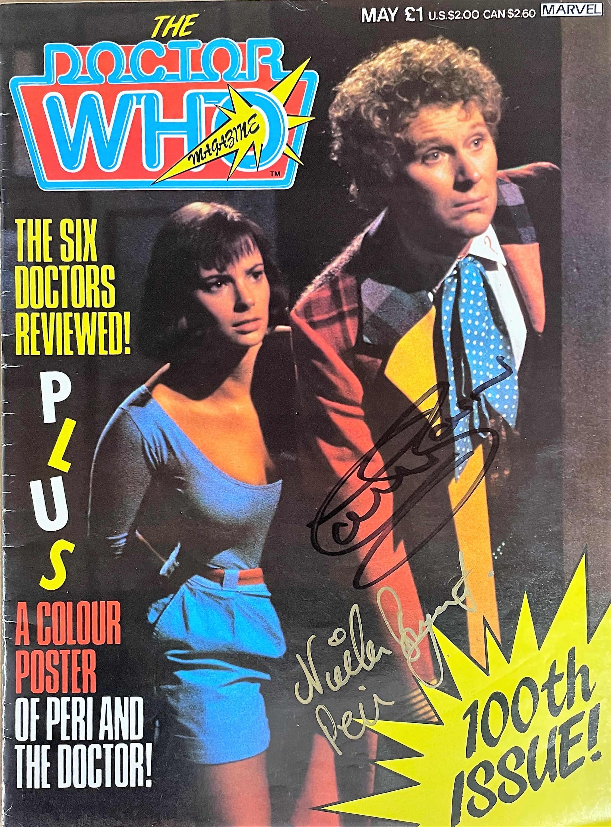 Dr Who 100th Issue Magazine 1985. Handsigned by 6th Doctor Colin Baker and Nicola Bryant (Peri