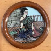 A Gemstone Picture portraying a Thai Lady Set within a round wooden frame. This item is an