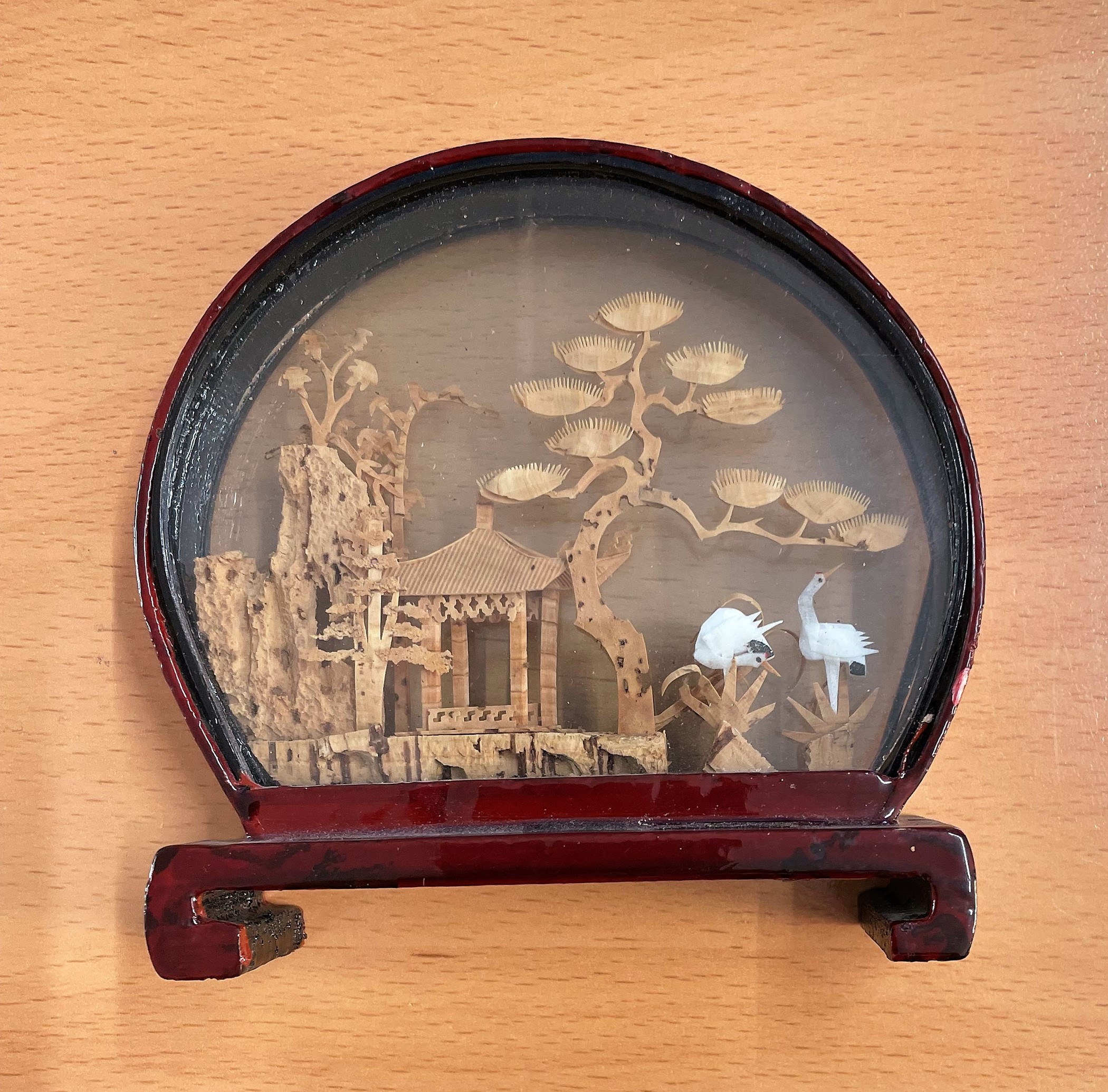 Vintage Chinese Cork Landscape Carving With Cranes and Pagoda. 4inches in height. 4 inches wide. Set