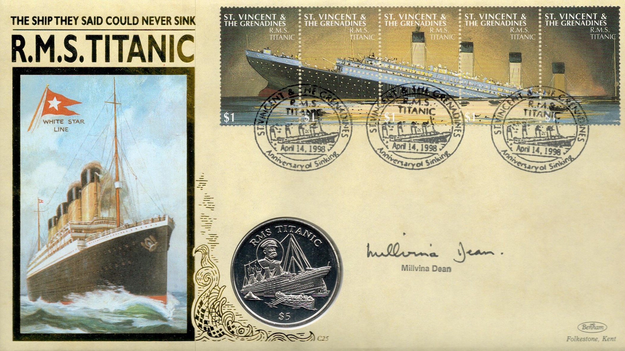 Millvina Dean Signed RMS Titanic Benhams Cover with RMS Silver Titanic $5 Coin. 5 St Vincent and The