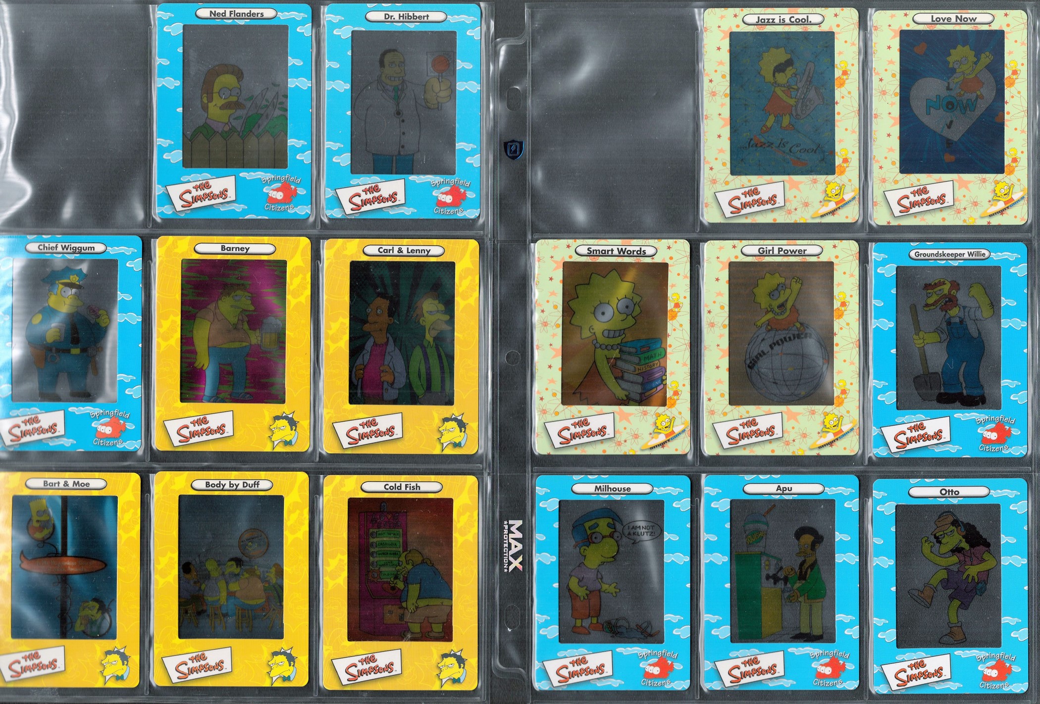 Simpsons Artbox Trading Cards 1-45. Seven missing 1,15,19,28,41,42,45. See through cards. Housed