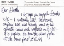 Roy Hudd OBE Handsigned personal Roy Hudd (Archie Shuttleworth) card. Dedicated. Content relates