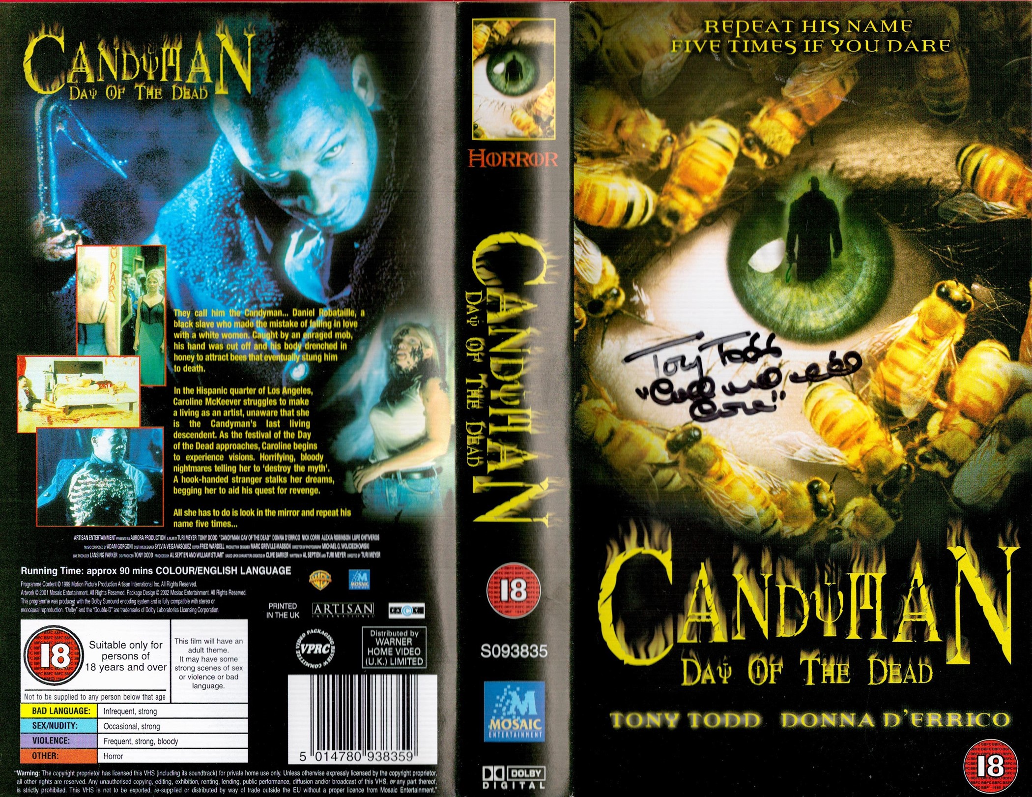 Tony Todd (Candyman) Handsigned VHS with Case Titled Candyman- Day Of The Dead. Todd Signed on the