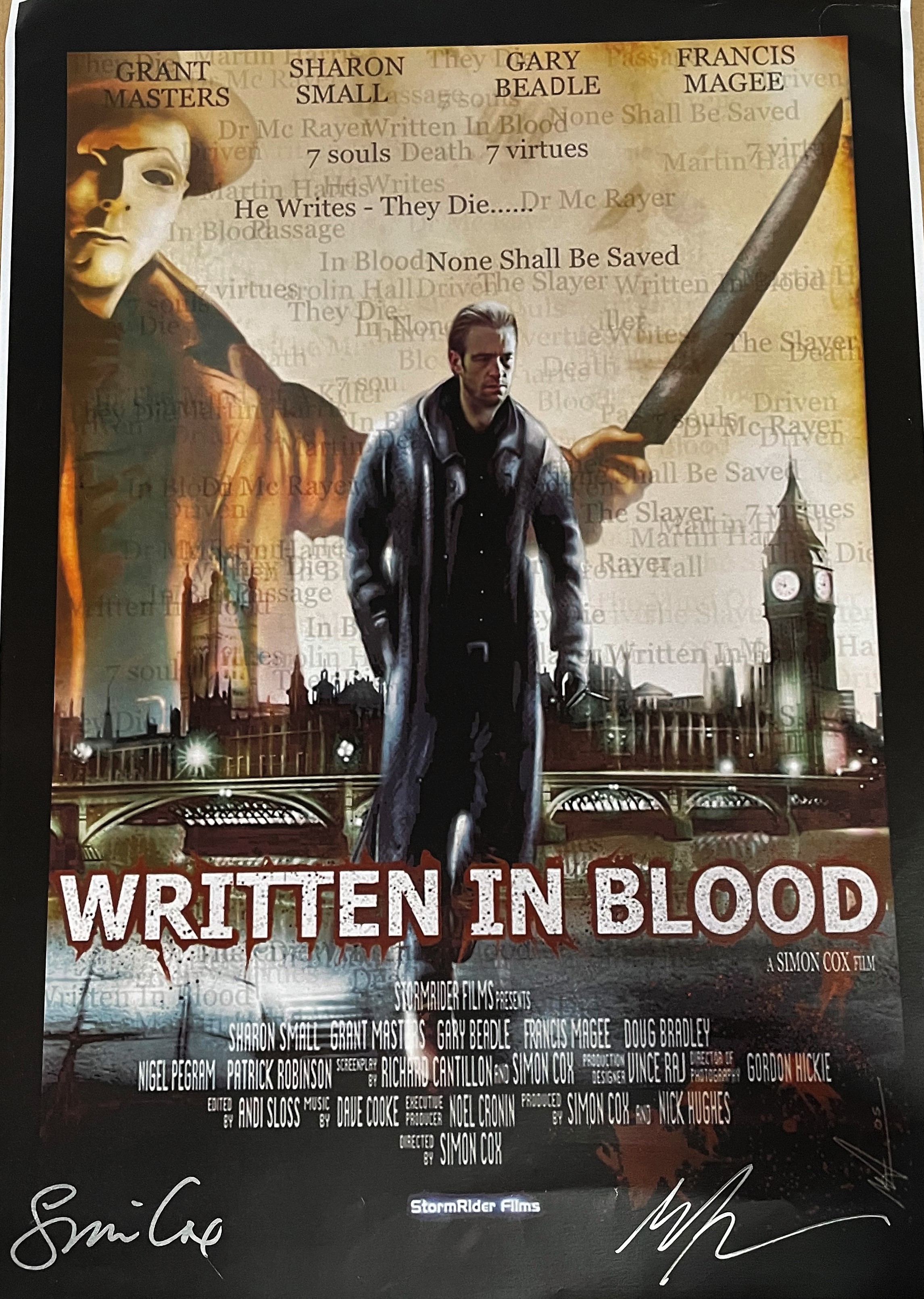 Written In Blood Film Poster Signed by Producer Simon Cox and Matthew Allsopp. Measuring 11. 5x16. 5