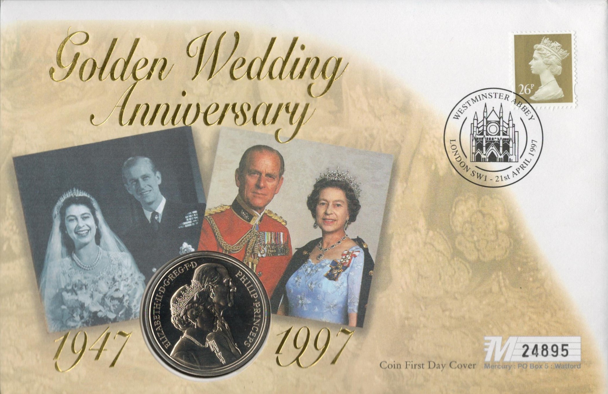 Golden Wedding Anniversary 1947-1997 Coin First Day Cover showing 20th November £5 coin. Westminster