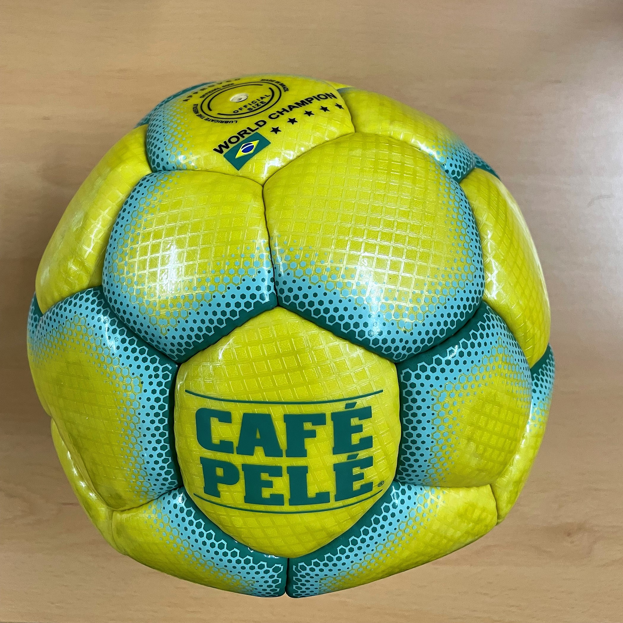 A yellow and green Café Pelé football owned by Pelé. The ball features Pelés faux signature in - Image 2 of 2