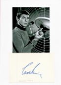 Star Trek, Leonard Nimoy signature piece featuring a photograph and a signed card affixed to A4