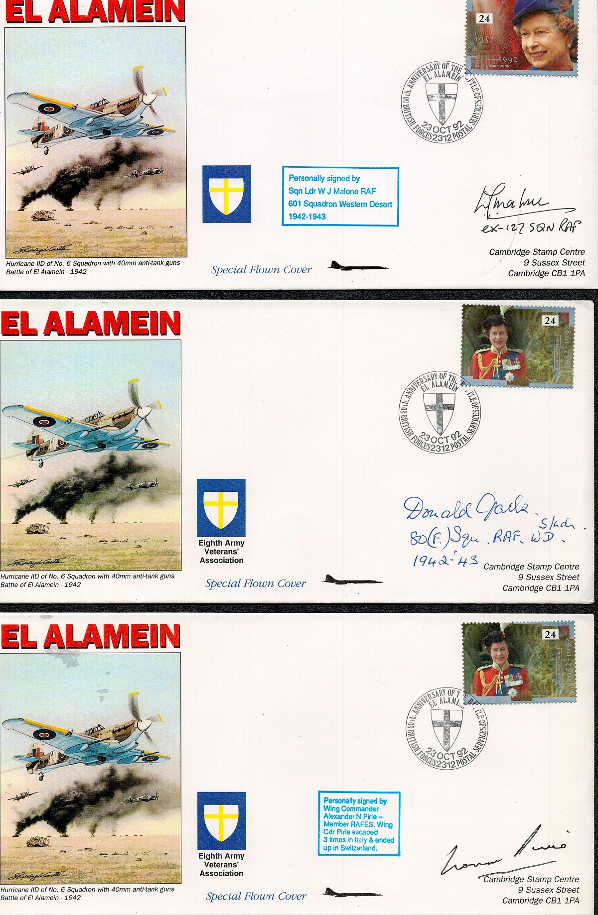 WW2 El Alamein fighter aces signed cover collection. Three Concorde flown Hurricane covers signed