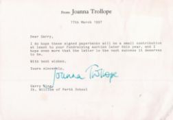 Joanna Trollope Signed TLS in March 1997. Content gives reference to signing books for a charity