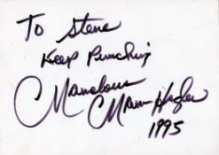 Boxing Marvellous Marvin Hagler signed 7x5 white card dedicated could be cut. Good condition. All