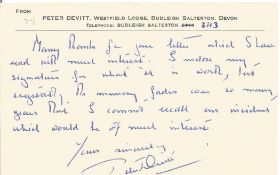 WW2 S/Ldr. P K Devitt, Battle of Britain Pilot Hand signed, Handwritten postcard on personal