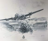 WW2 RAF Black and White Pencil Drawn 23x19 Print Multi Signed, Titled 'Hell and High Water'. Limited