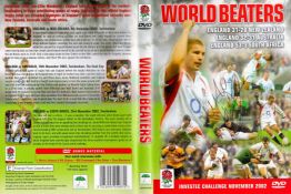 Rugby, Martin Johnson signed World Beaters DVD Sleeve. With a signature across the front of the