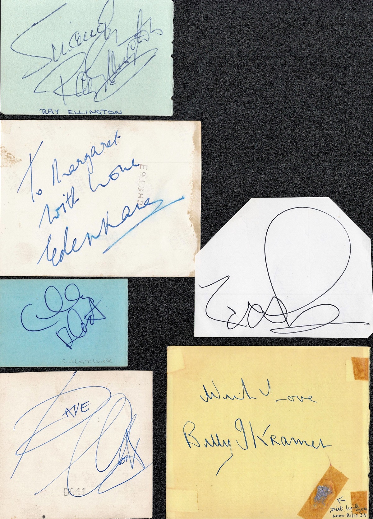 1960s Music Collection six vintage autograph album pages signed by Ray Ellington, Billy J Kramer